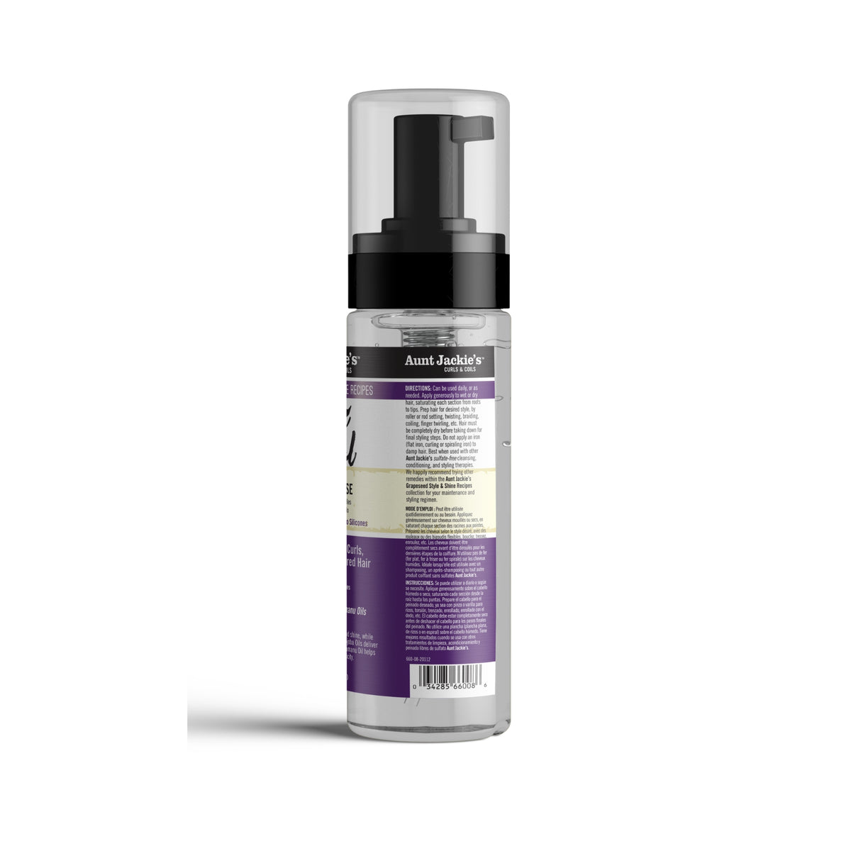 Bagsiden af en flaske Aunt Jackie's Frizz Patrol Anti-Poof Setting Mousse. Etiketten indeholder information om produktets fordele, ingredienser og brugsanvisning.