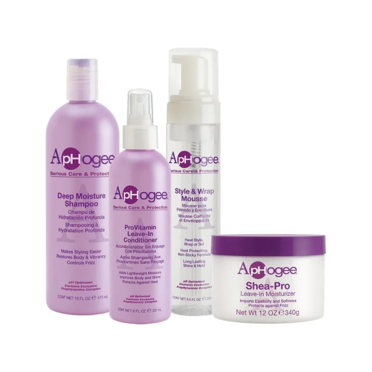 ApHogee hårplejeserie med lilla shampoo, leave-in conditioner, style & wrap mousse og Shea-Pro moisturizer i hvid dåse med lilla låg.