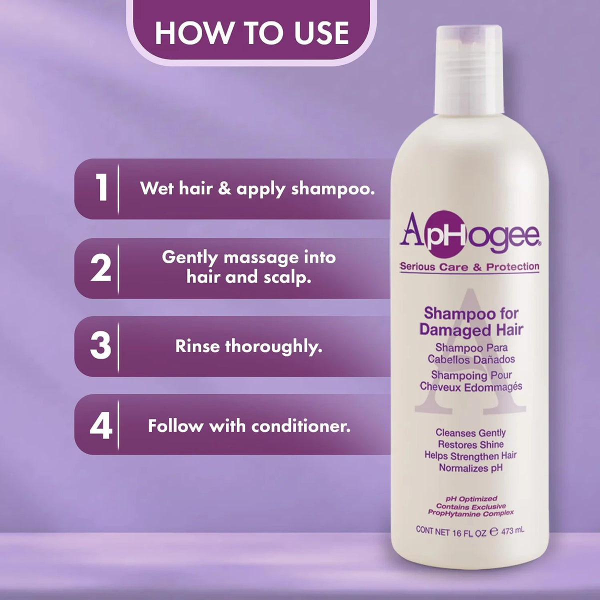 ApHogee Shampoo for Damaged Hair-flaske med brugsanvisning i 4 trin på lilla baggrund.