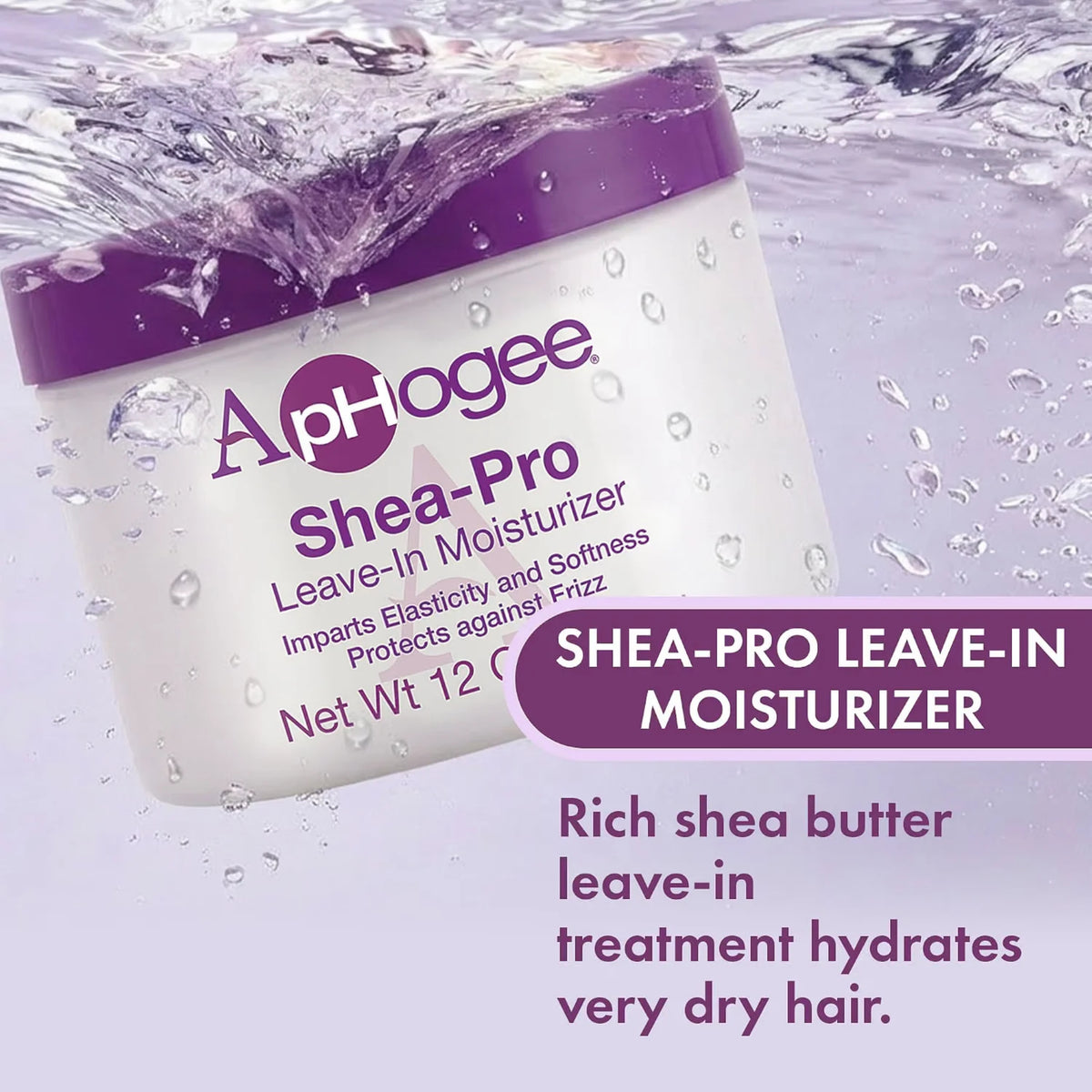 ApHogee Shea-Pro Leave-In Moisturizer krukke med lilla låg nedsænket i vand med bobler.