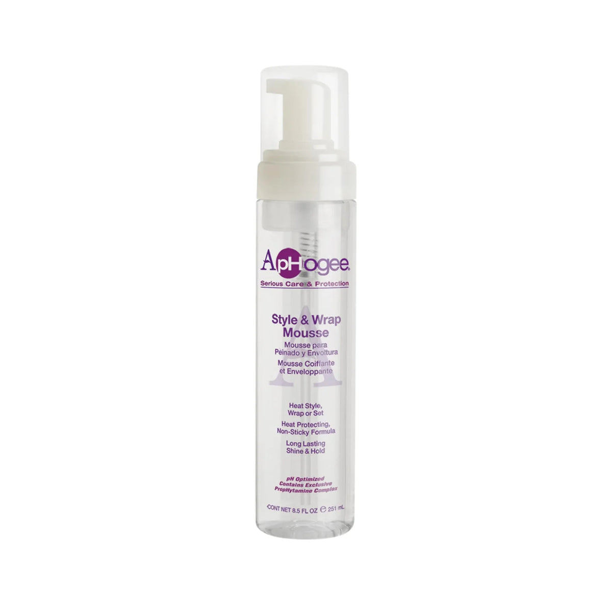 ApHogee Style & Wrap Mousse i klar flaske med hvid pumpe, 251 ml, lilla etiket med brand og produktinfo.