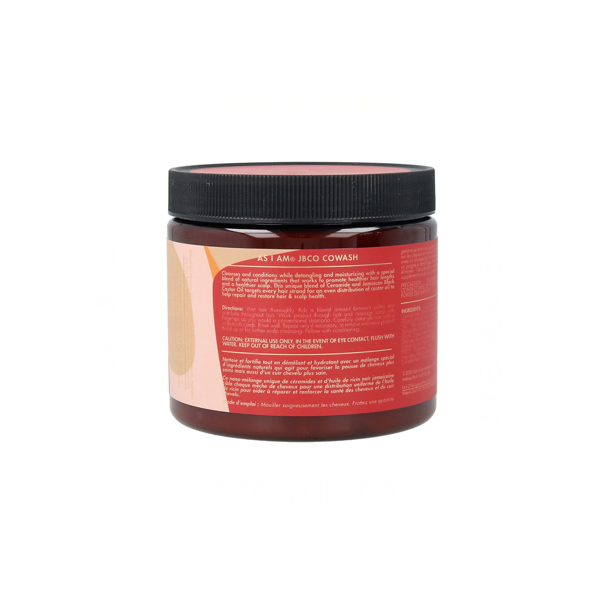 Bagsiden af en krukke med As I Am Jamaican Black Castor Oil Co-Wash, der viser produktinformation og ingrediensliste.