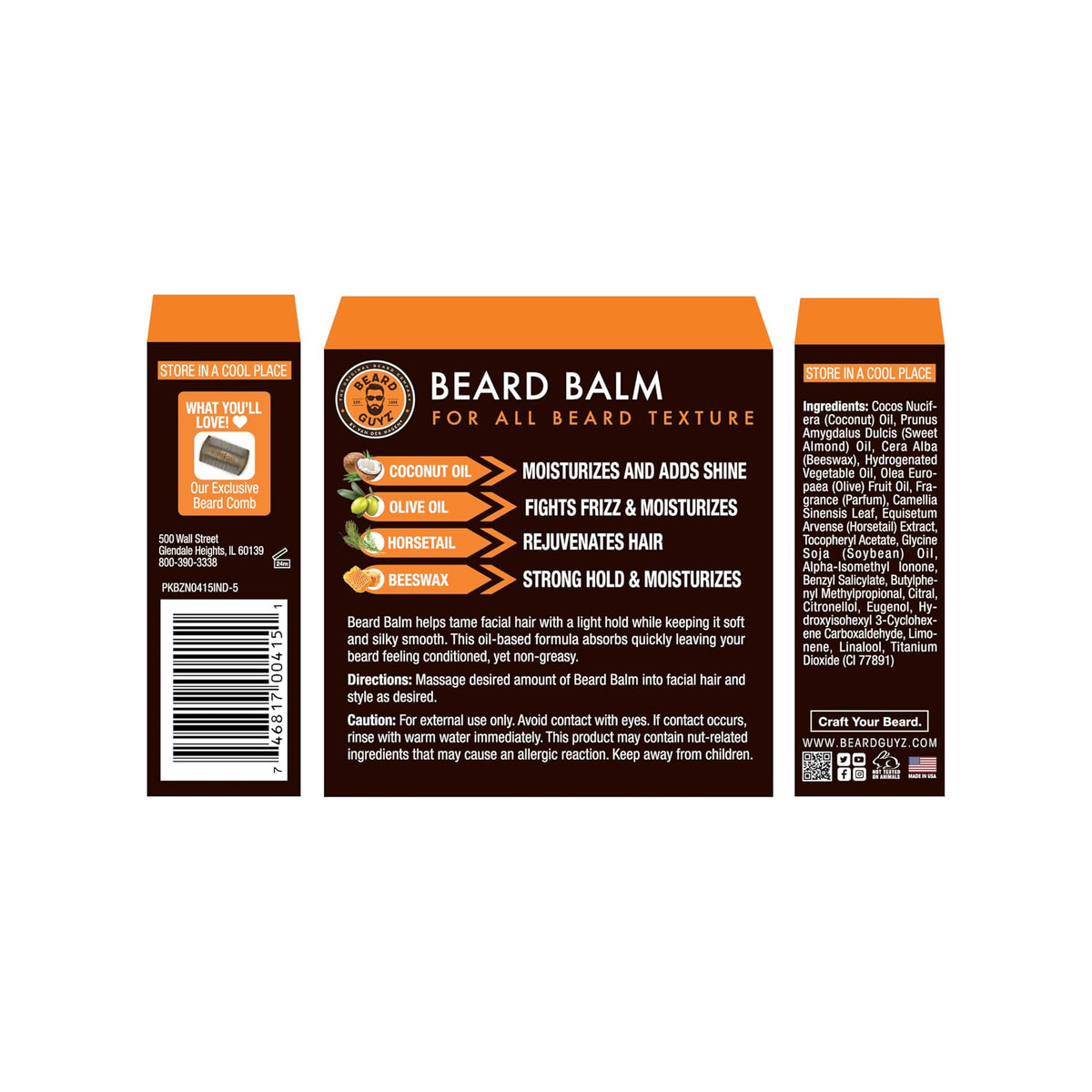 Emballage med orange detaljer, der viser forsiden og bagsiden af en Beard Guyz skægplejebalsam. Forsiden viser produktnavnet og ikoner af ingredienser, mens bagsiden indeholder produktinformation, såsom ingrediensliste og brugsanvisning.