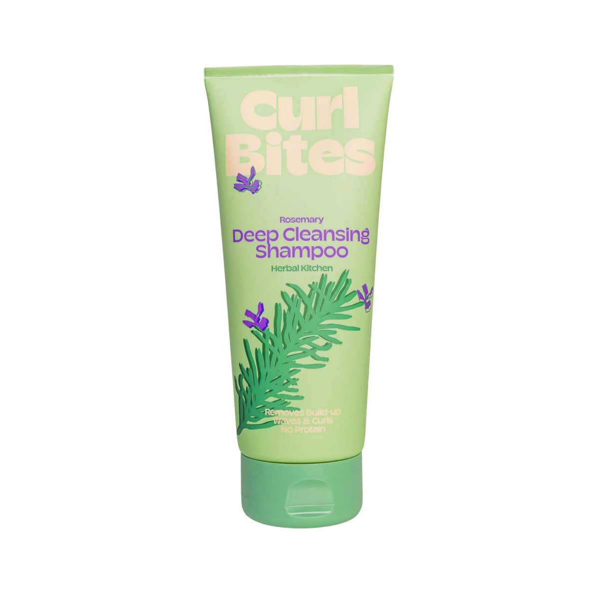 Curl Bites Rosemary Deep Cleansing Shampoo i grøn tube med rosmarin-illustration og grønt låg.