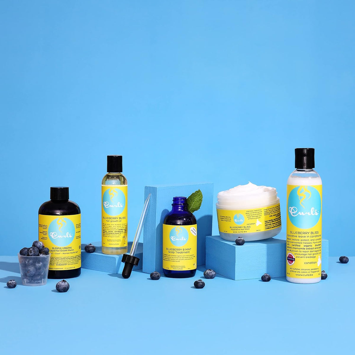 Forskellige Curls Blueberry Bliss hårprodukter, herunder olie i sort og klar flaske, blå serumflaske og hvid creme, arrangeret med friske blåbær på lyseblå overflade.