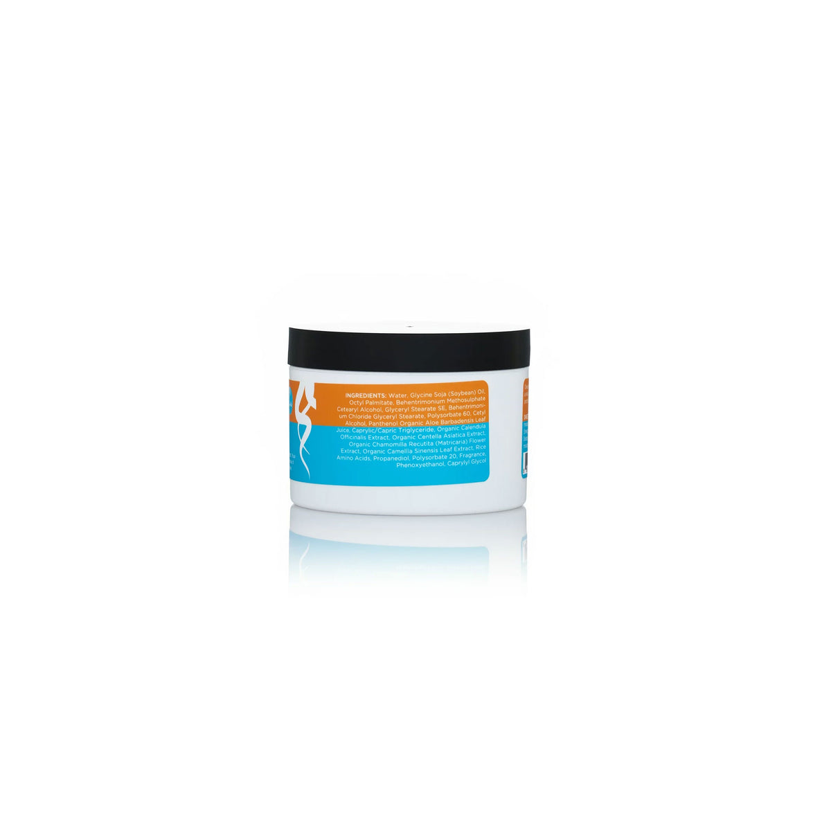 Bagsiden af Curls Hair Under There Strengthen Me Moisture Mask (240ml). Hvid krukke med orange og blå etiket med ingredienser og brugsanvisning. 