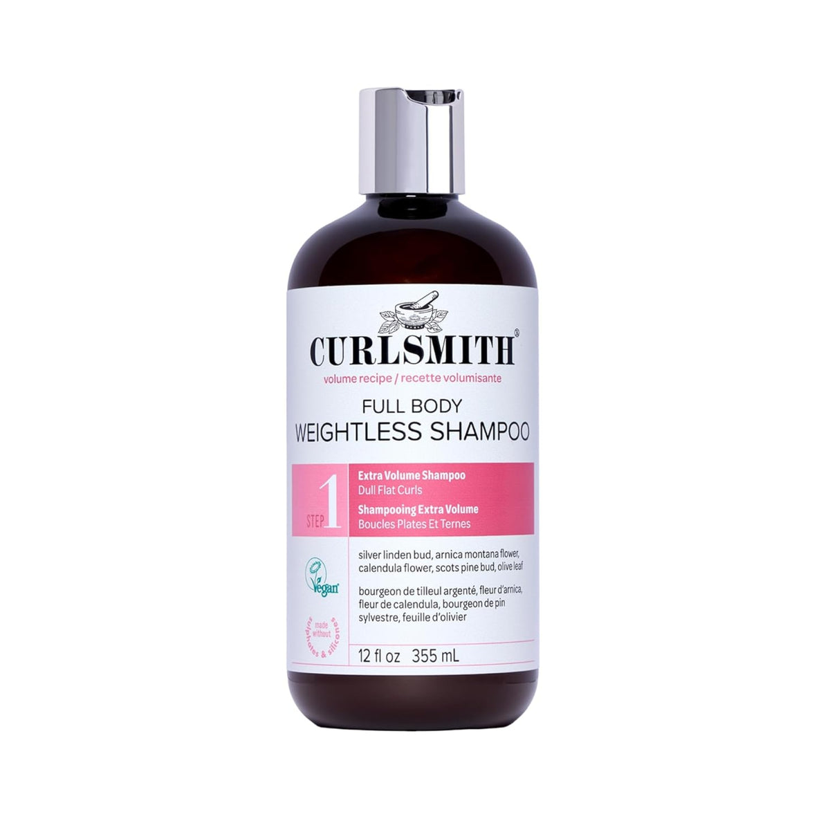 Curlsmith Full Body Weightless Shampoo, brun flaske med sølvlåg og lyserødt trin 1-etiket.