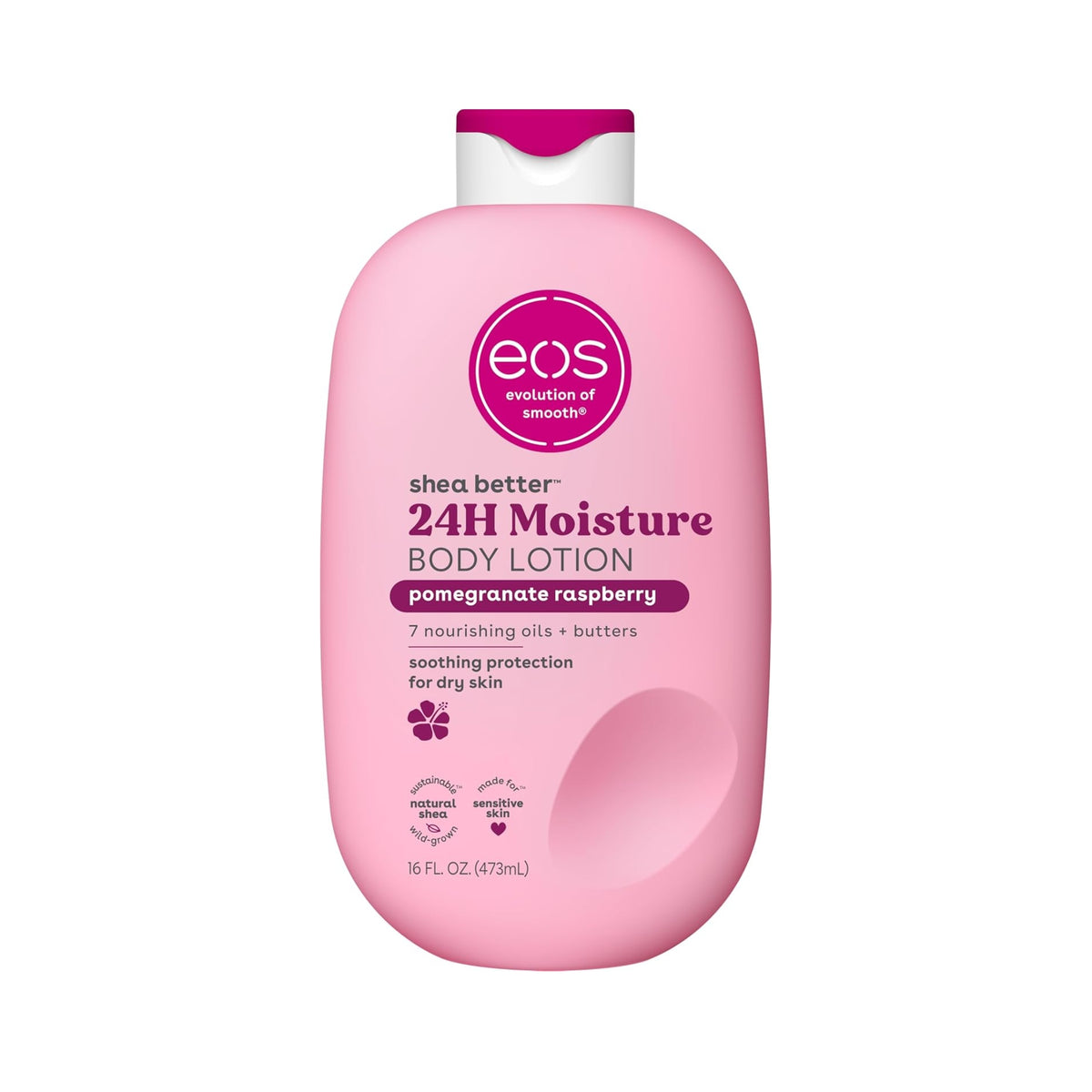 Lyserød eos Shea Better 24H Moisture Body Lotion flaske i pomegranate raspberry, 473 ml, med hvidt-magenta låg.