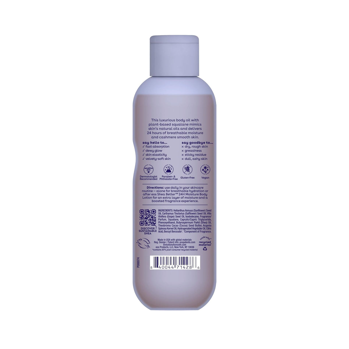 eos Shea Better body oil flaske med ingredienser, brugsanvisning og stregkode på bagsideetiket.