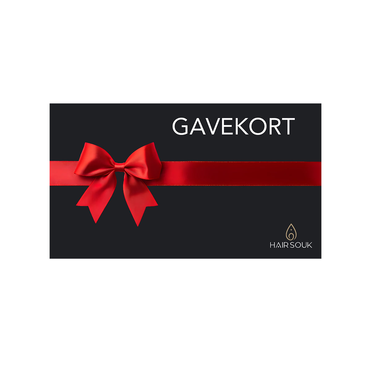 Sort Hair Souk Gavekort med rød silkebånd og sløjfe samt logo i nederste hjørne på elegant baggrund.