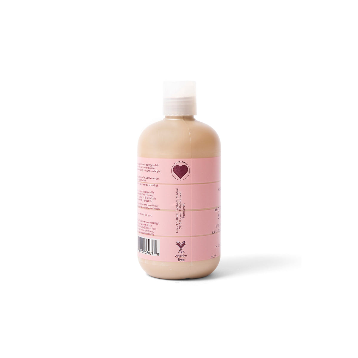 Sidevisning af KeraCare Curlessence Moisturizing Shampoo-flasken med information om ingredienser, der ikke er i produktet (sulfater, parabener, mineralolie, silikoner, phthalater og petrolatum) samt et cruelty-free logo.