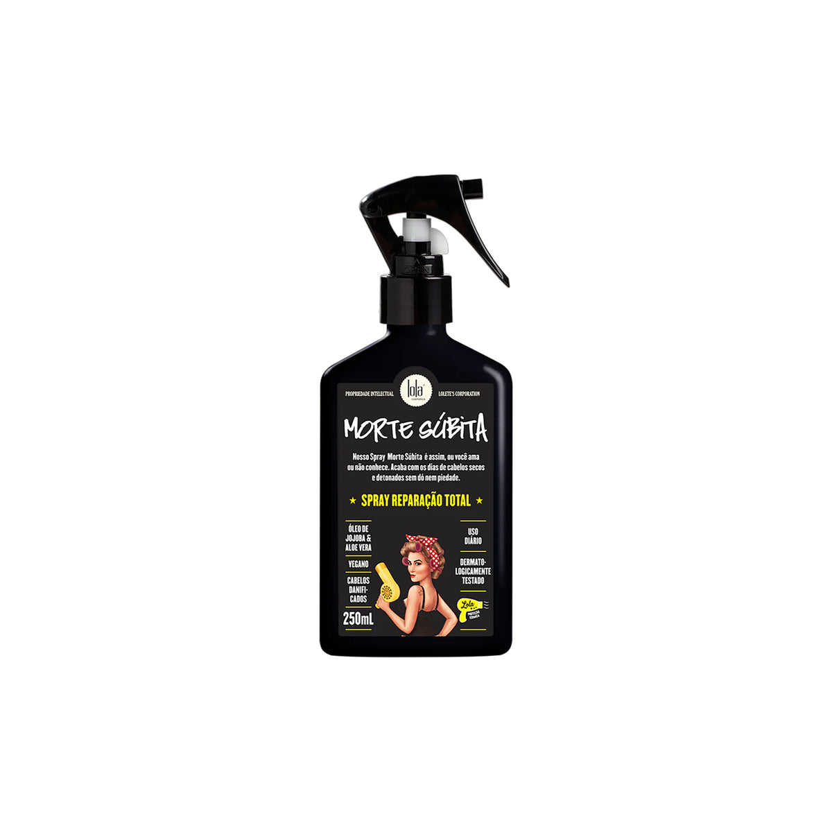 Sort flaske med Lola Morte Subita Total Repair Spray 250ml med retro-illustration og gul tekst på hvid baggrund.