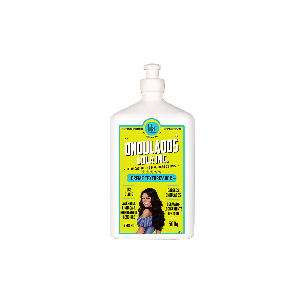Lys gul flaske med Lola Ondulados Texurizing Cream 500ml til bølget hår, med pumpe og farverig etiket med illustration.