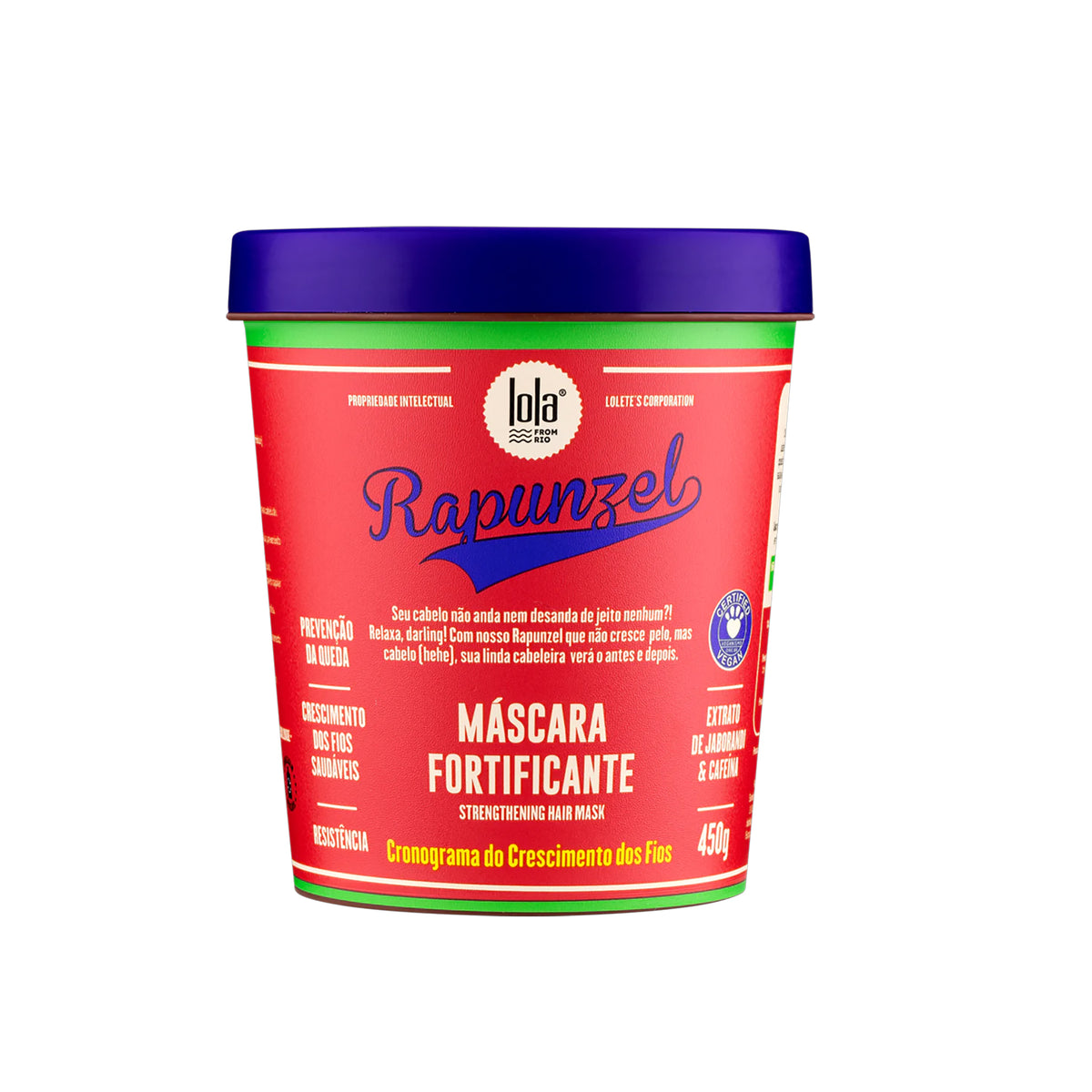 Lola Rapunzel Strengthening Mask 450ml i rød og grøn beholder med lilla låg og tekst fremhævet i hvid og blå.