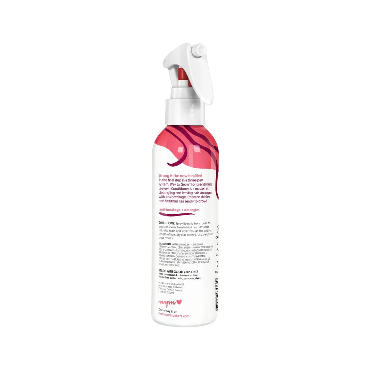 Not Your Mother's Way to Grow Long & Strong Leave-in Conditioner spray i hvid og pink flaske med ingredienser og brugsanvisning.