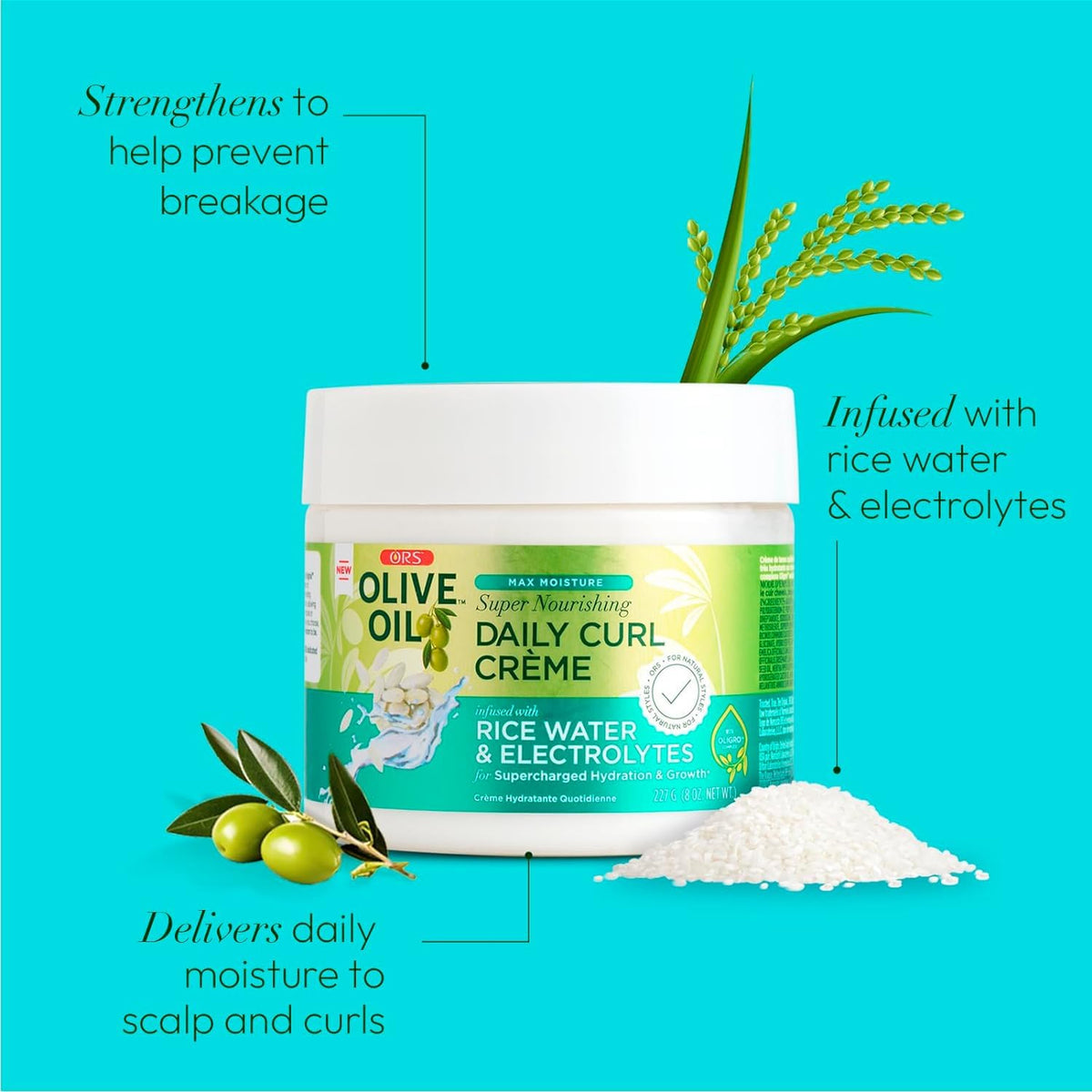 Produktbillede af ORS Olive Oil Daily Curl Crème (227g), der fremhæver styrkende, fugtgivende og plejende egenskaber.