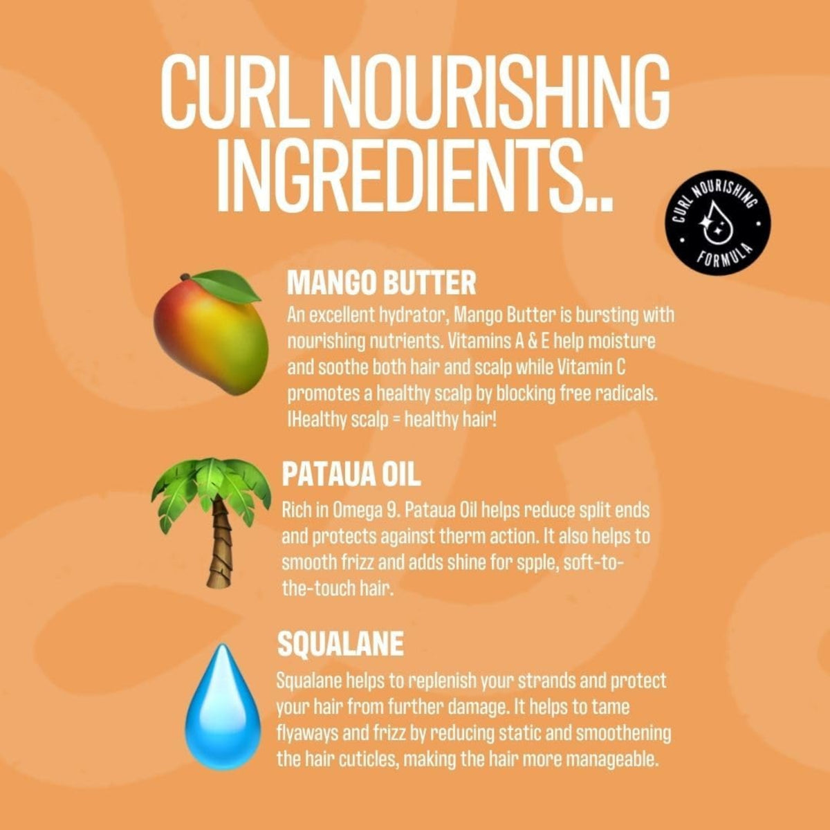 Curl Nourishing Formula-infografik med mango, palmetræ og vanddråbe der illustrerer mangosmør, pataua-olie og squalane til hårpleje.