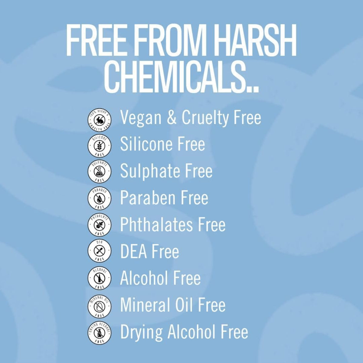 Infografik med hvide ikoner på blå baggrund, viser produktets frihed fra silikone, sulfat, paraben, phthalater og alkohol.
