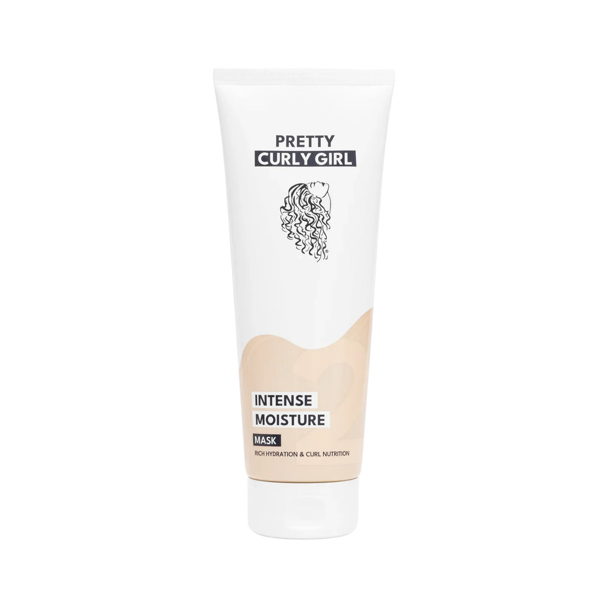 Hvid tube Pretty Curly Girl Intense Moisture Mask med krøllet hår-logo og beige detaljer.