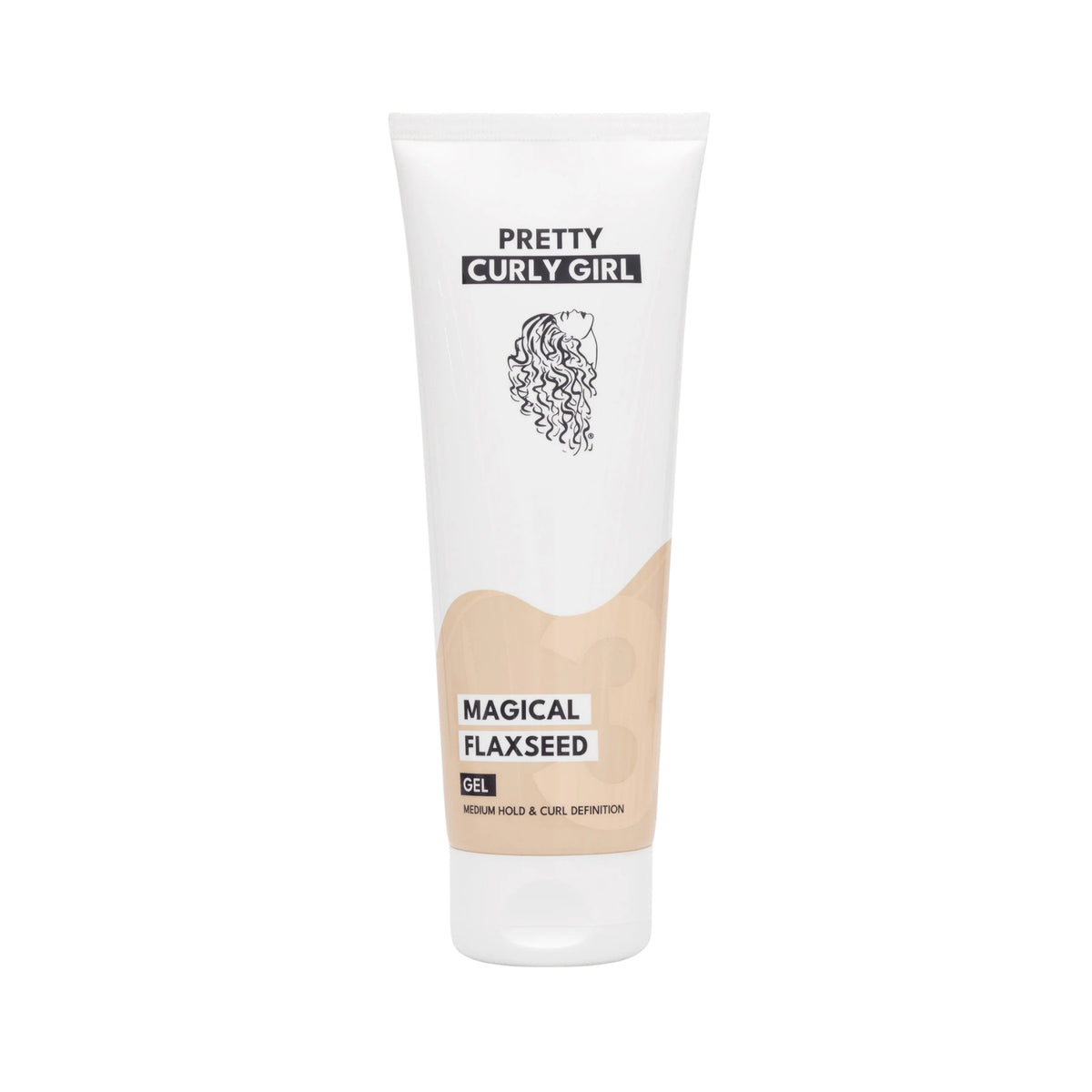 Pretty Curly Girl Magical Flaxseed Gel-tube i hvid og beige med krøllet hår-illustration, medium hold og curl definition.