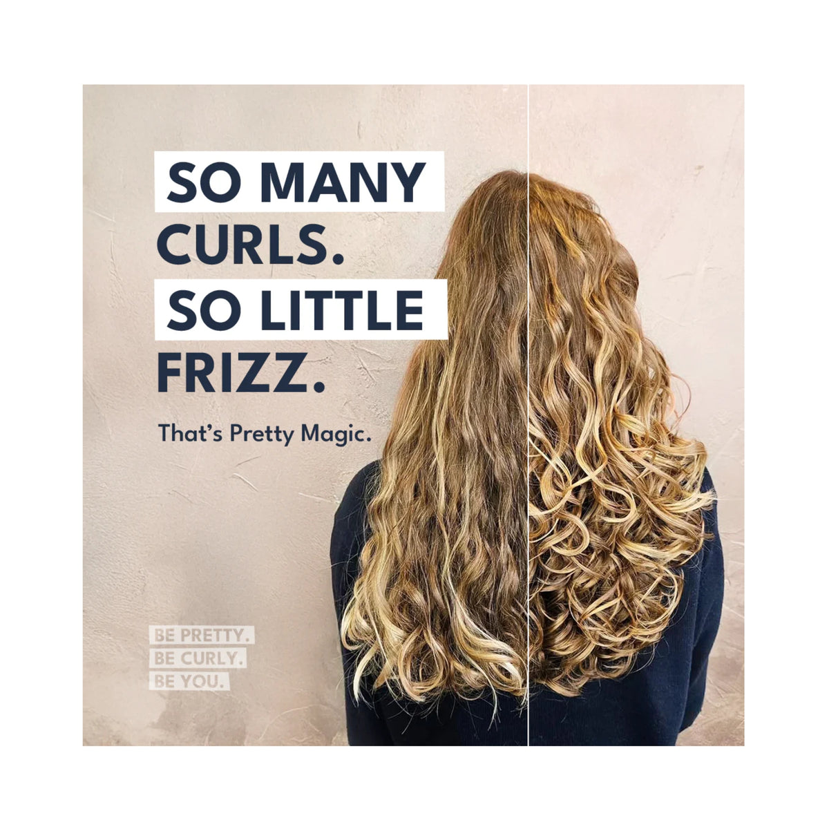 Bagfra billede af langt hår delt i to: venstre side bølget med frizz, højre side definerede krøller uden frizz – Pretty Magic.