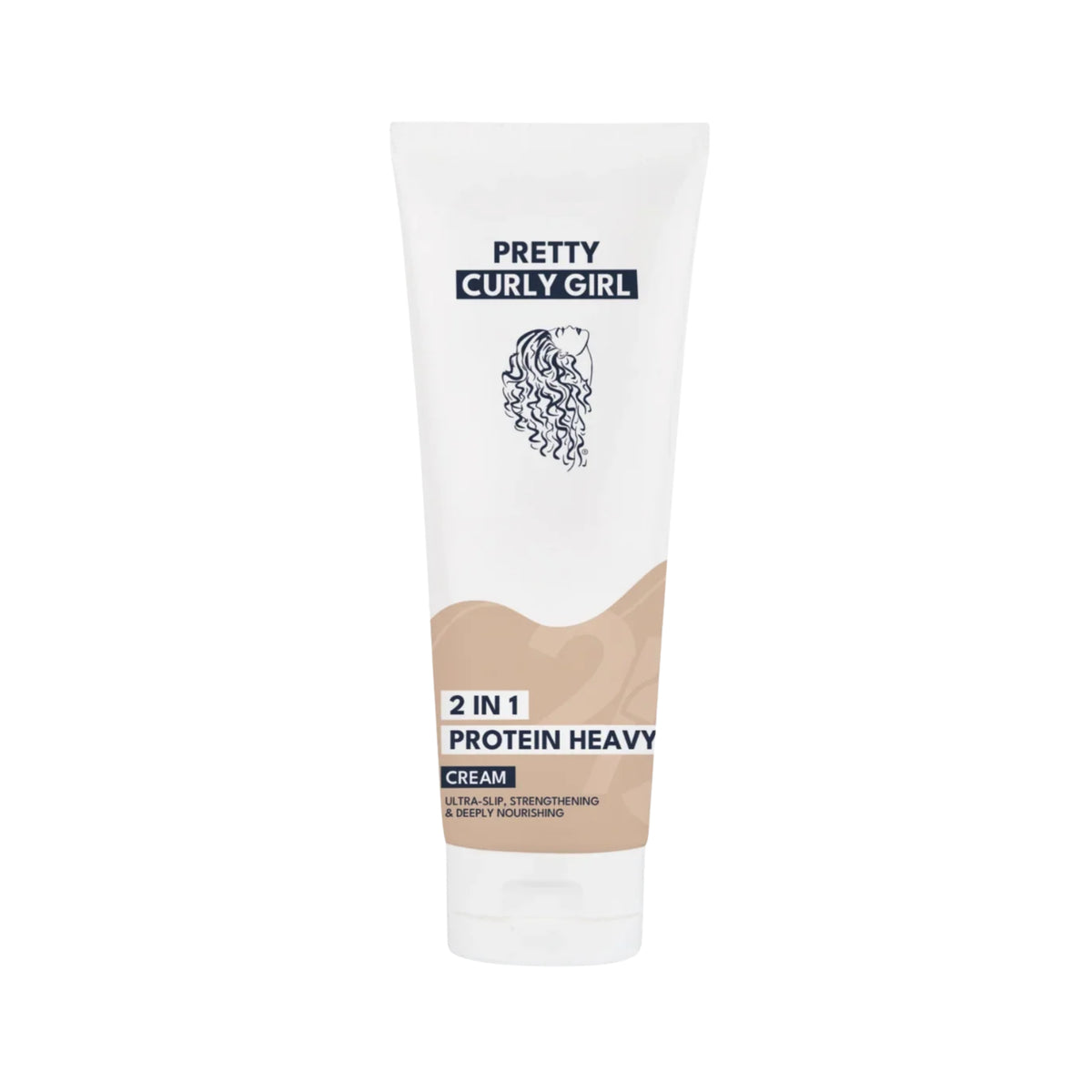 Pretty Curly Girl 2 in 1 Protein Heavy Cream i hvid tube med beige detaljer og illustration af krøllet hår.