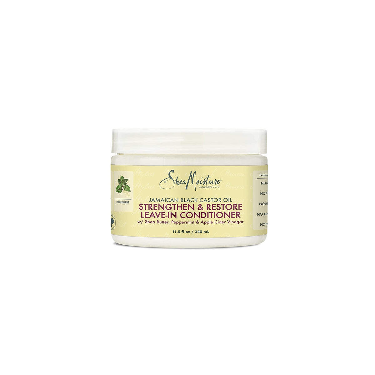 Hvid beholder i plast med hvidt låg indeholdende Shea Moisture Jamaican Black Castor Oil Strengthen & Restore Leave-In Conditioner. Etiketten er gul med sort og rød tekst.