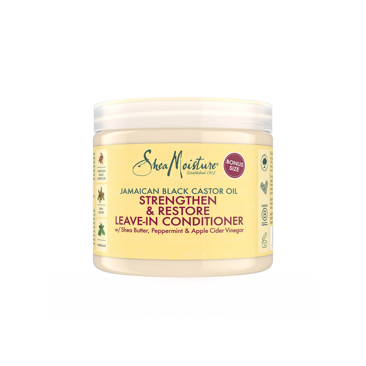 Hvid dåse i plast med hvidt låg indeholdende Shea Moisture Jamaican Black Castor Oil Strengthen & Restore Leave-In Conditioner. Etiketten er gul med sort og rød tekst. En "BONUS SIZE" markering er synlig.