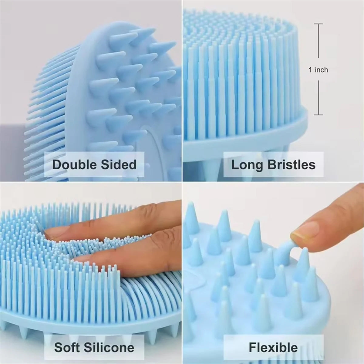 Blå Silicone Bath Brush med bløde, fleksible dobbeltsidede børster og lange silikonespidser til skånsom kropspleje.