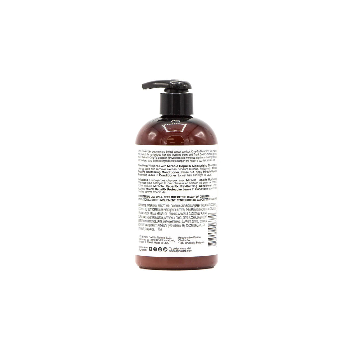 Brun flaske med sort pumpe af TGIN Miracle RepairX Protective Leave-in Conditioner 384ml, vist bagfra på hvid baggrund.