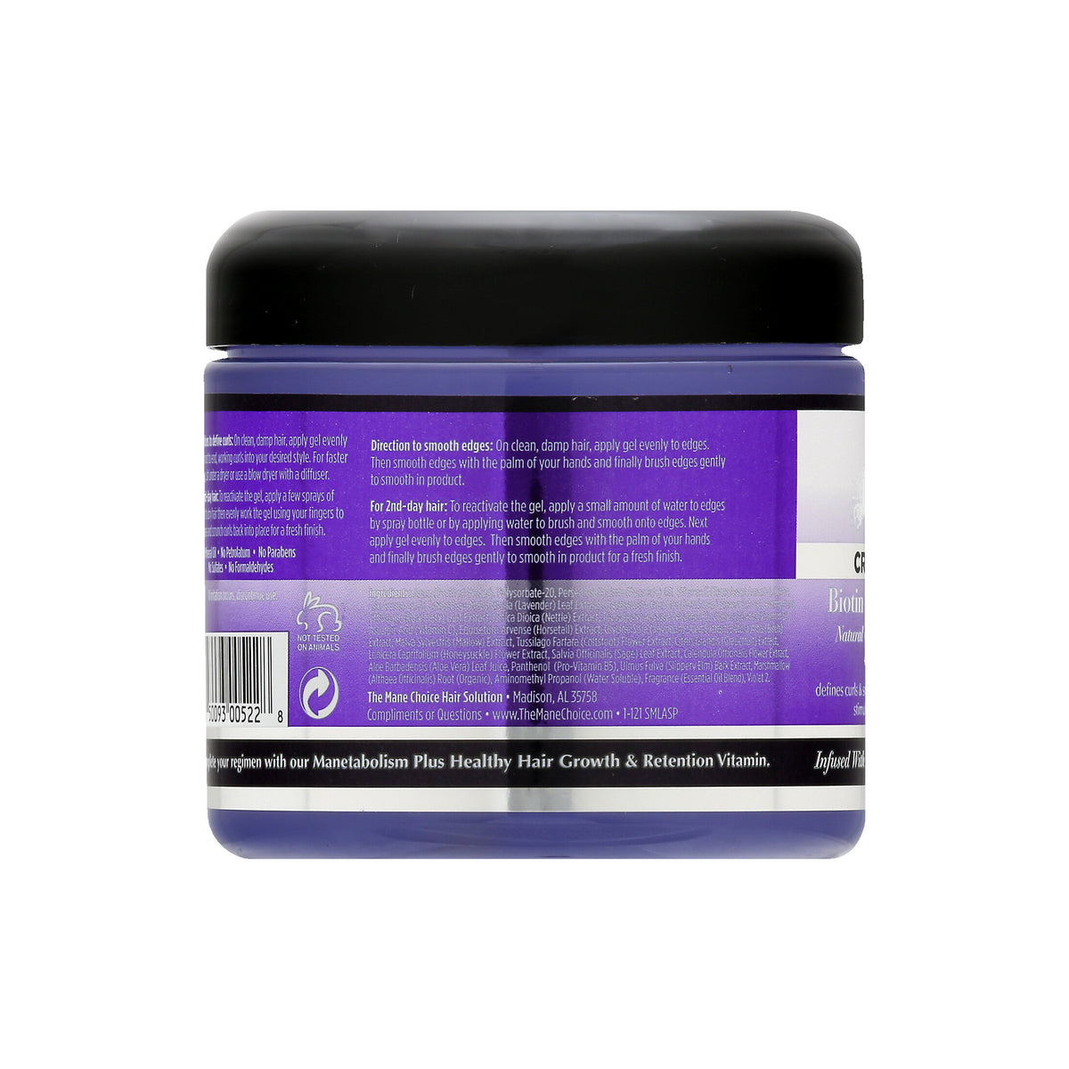 Bagsiden af The Mane Choice Crystal Orchid Biotin Infused Styling Gel. Viser information om, hvordan man bruger gelen til at glatte kanter og definere krøller.