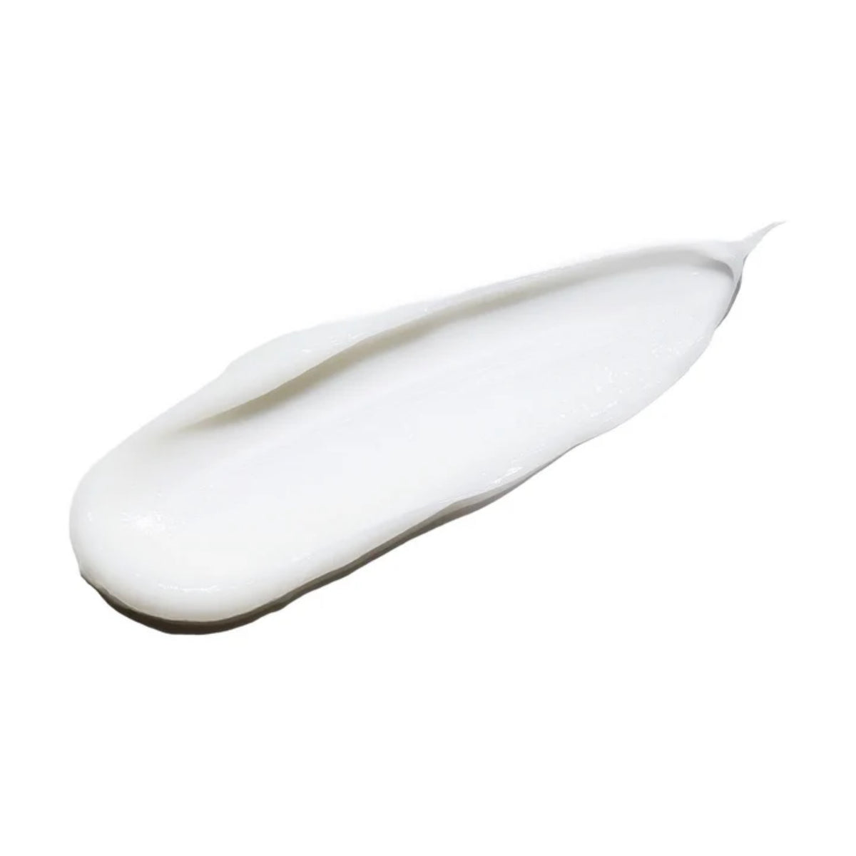 Hvid cremet lotion-swatch med glat, glinsende tekstur på ren hvid baggrund.