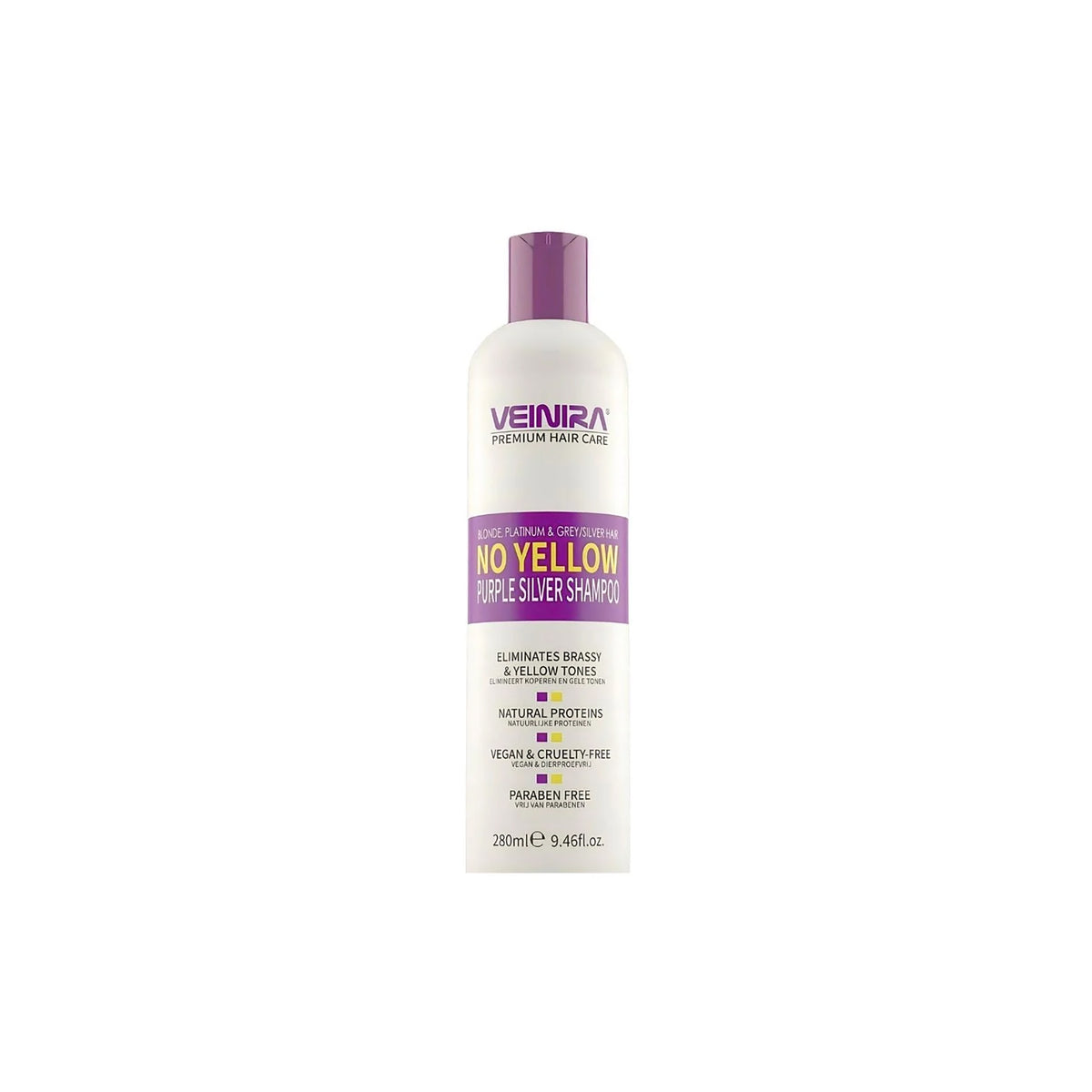 Hvid flaske med Veinira Purple Silver Shampoo 280ml, lilla låg og tekst, designet til at neutralisere gule toner, stående på hvid baggrund.