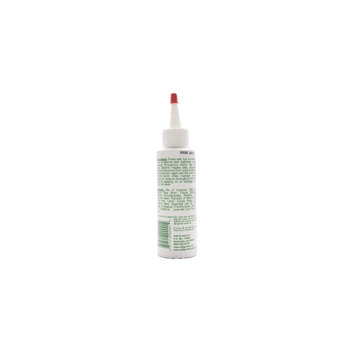 Bagside af en flaske med Wild Growth Hair Oil. Flasken er grøn og hvid med sort skrift. Produktet er designet til at fremme hårvækst.